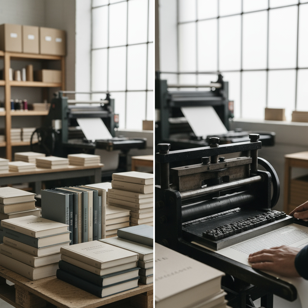Printing studio workspace with books and typesetting