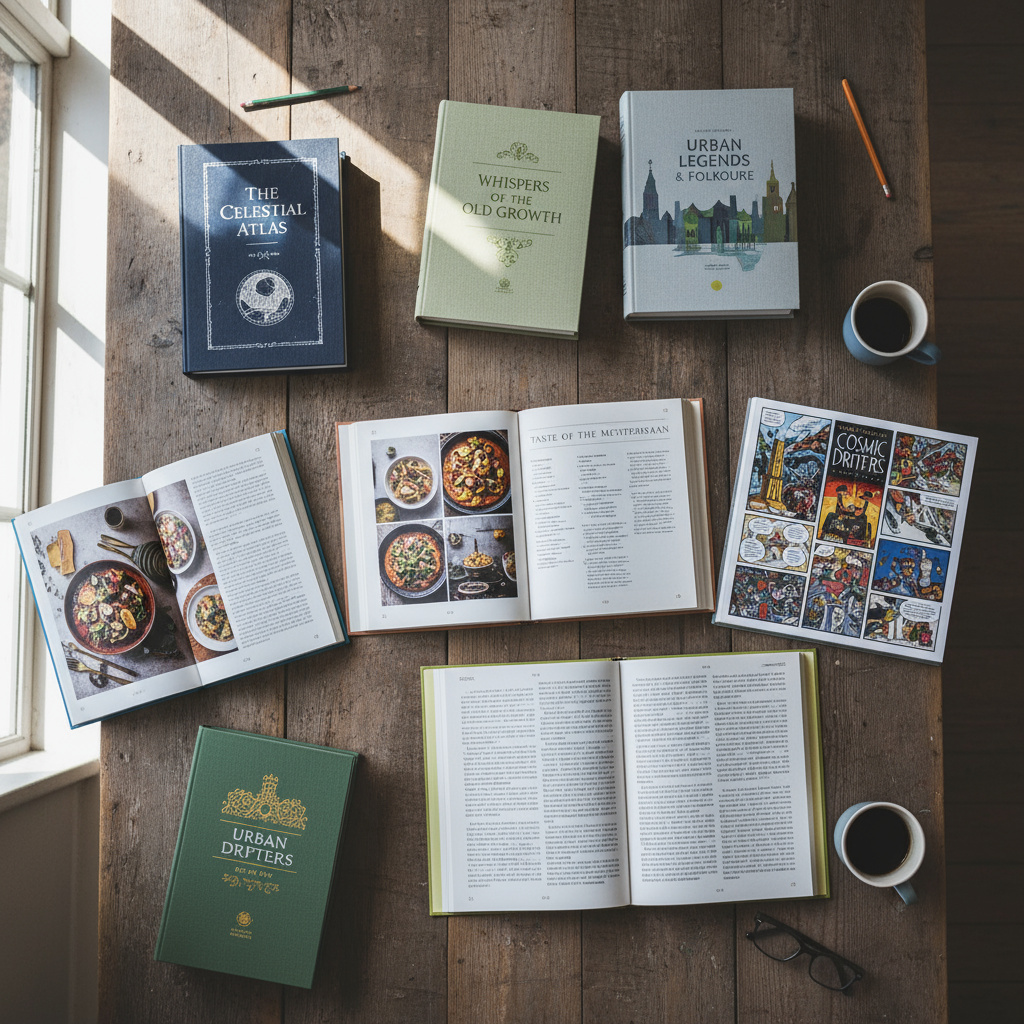 Assorted printed book covers and spreads