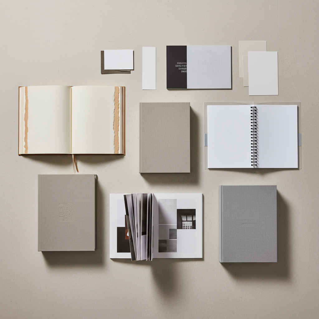 Flat lay of printed books and bindings